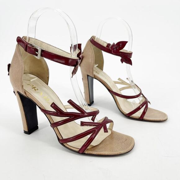 Prada Vintage S/S 1997 Beige Burgundy Leaf Detail Block Heel Sandal size IT 36.5 - Picture 2 of 13